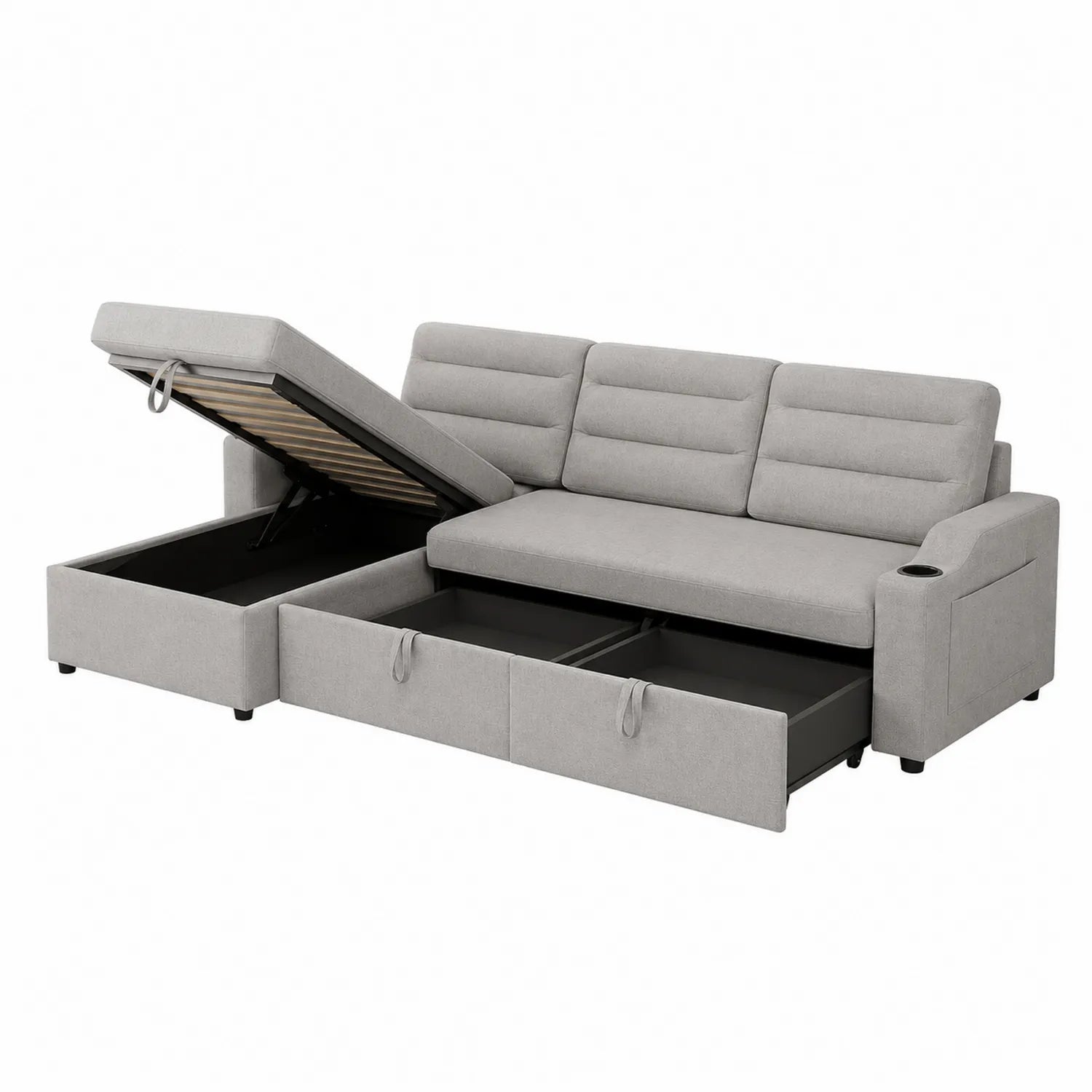 Szara sofa narożna z szufladami i uchwytem na kubek