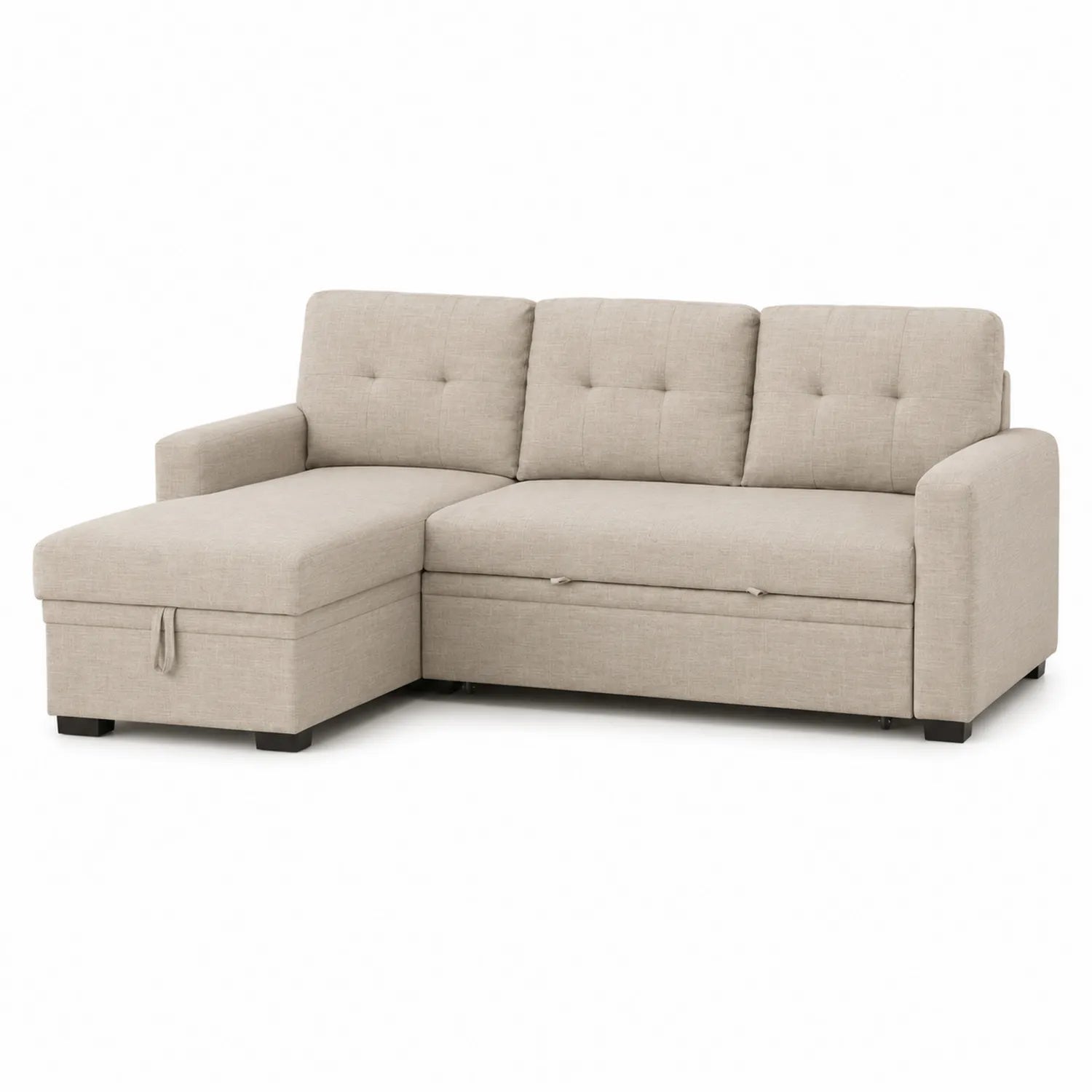 Narożna sofa z funkcją spania i pojemnikiem, tkanina beżowa