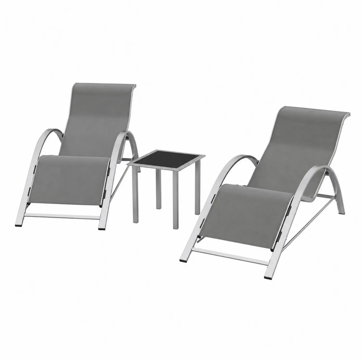 Zestaw Leżanek i Stolik Ogrodowy Aluminium Szkło Tekstylia Szary